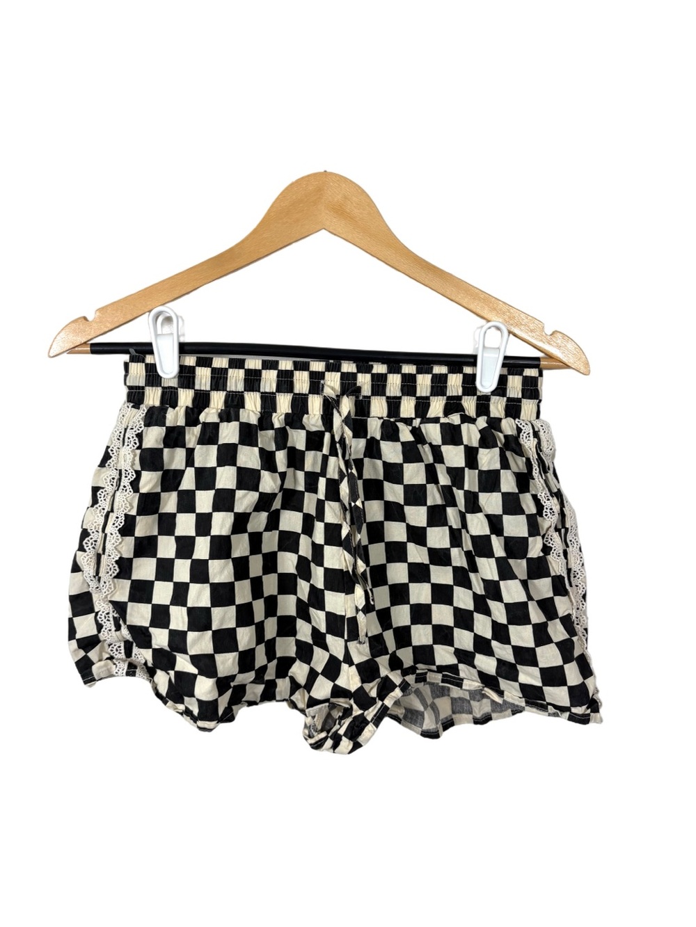 Jade by Jane M Black White Checkerboard Lace Trim Shorts Drawstring Cotton